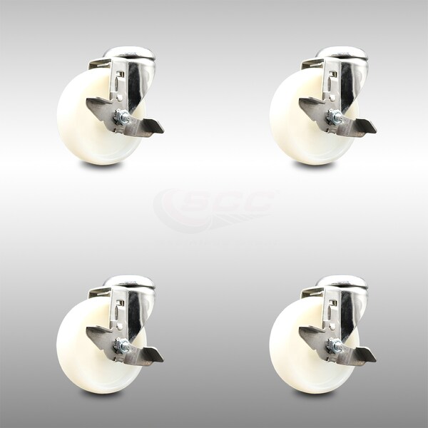 4 Inch 316SS Nylon Wheel Swivel Bolt Hole Caster Set with Brake
